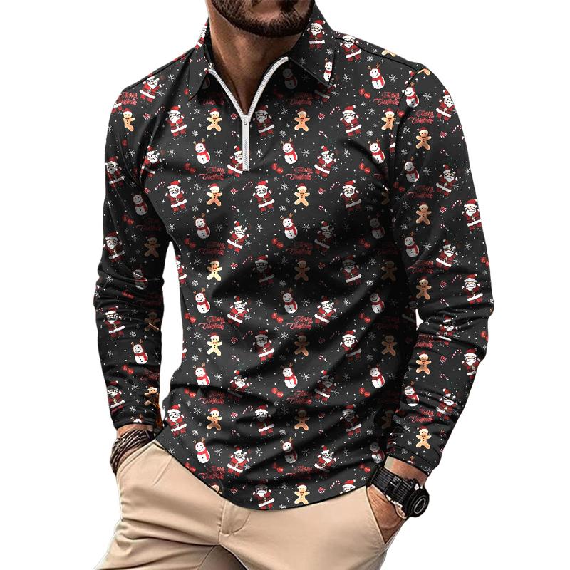 Men's Retro Casual Christmas Floral Print Long Sleeve Polo Shirt