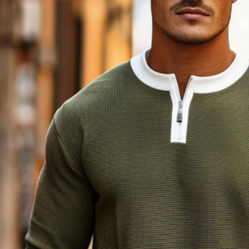 Men's Colorblock Zipper Crewneck Casual Sweater 