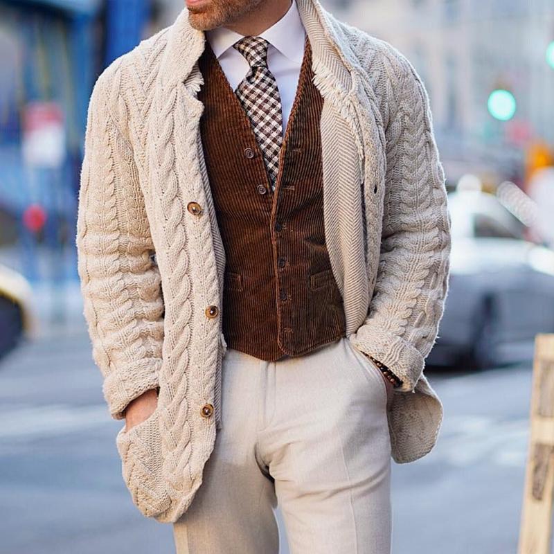 Men's Vintage Stand Collar Single Breasted Cable Knit Cardigan 