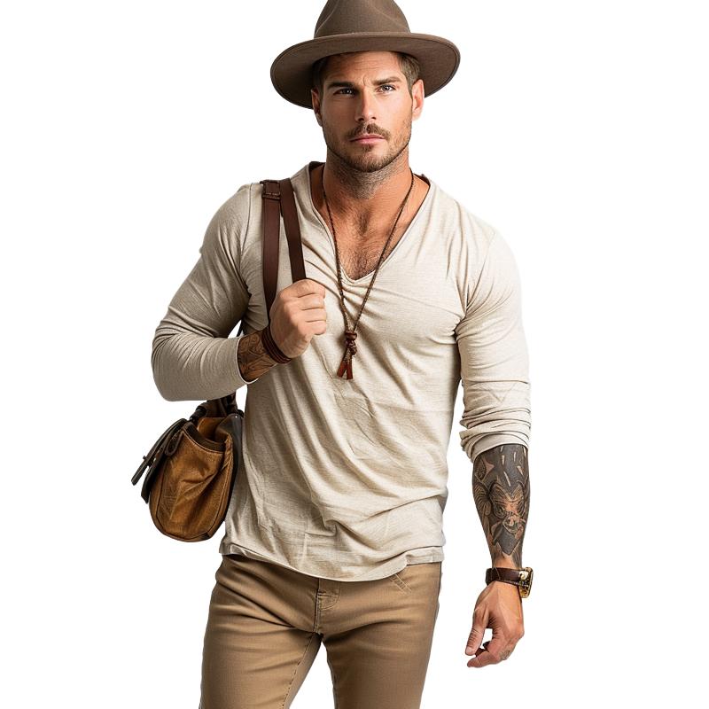 Men's Casual Cotton V-neck Slim Fit Long Sleeve T-shirt 