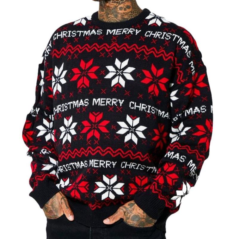 Men's Casual Christmas Jacquard Crew Neck Knit Sweater 