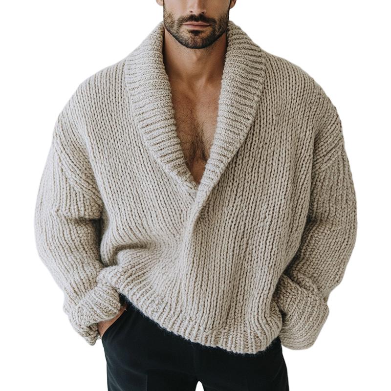 Men's Fashion Oversize Style Solid Color Lapel Long Sleeve Casual Knit Sweater 