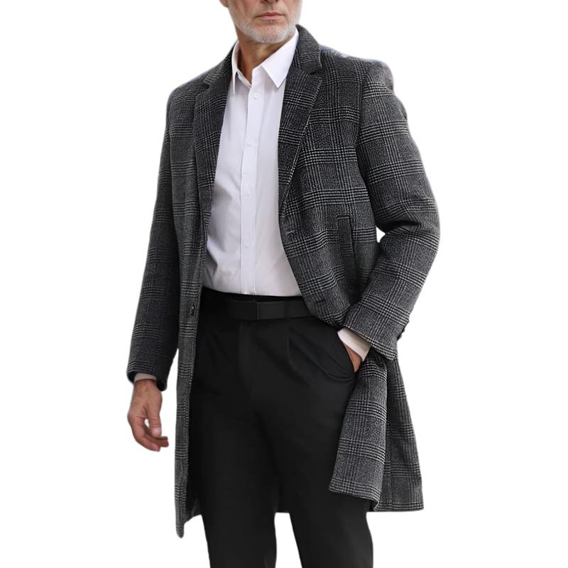 Men's Mid-length Lapel Plaid Woolen Coat 