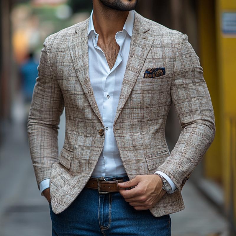 Men's Fashion Retro Checked Notch Lapel One Button Casual Blazer