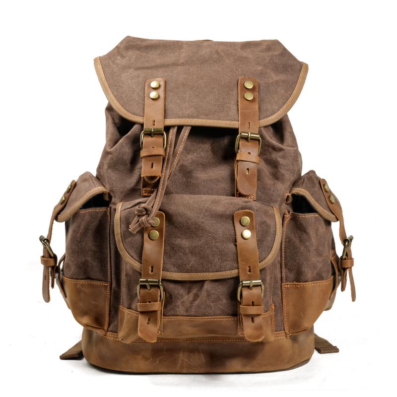 Men's Vintage Outdoor Canvas Stitching Leather Multi-Pocket Backpack 