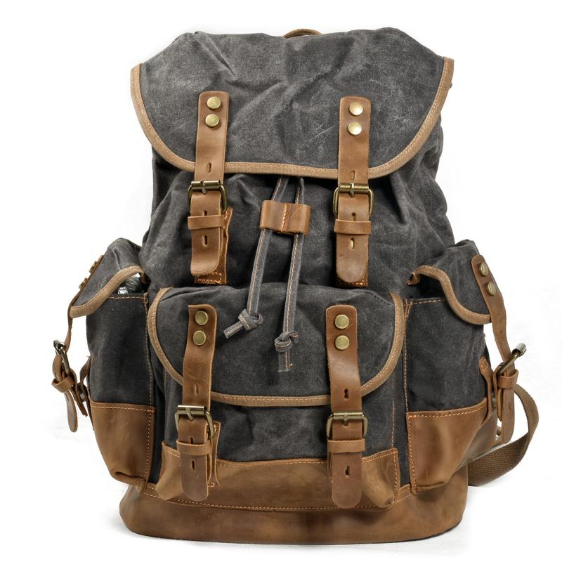 Men's Vintage Outdoor Canvas Stitching Leather Multi-Pocket Backpack 