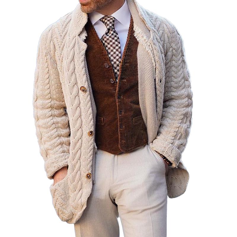 Men's Vintage Stand Collar Single Breasted Cable Knit Cardigan 