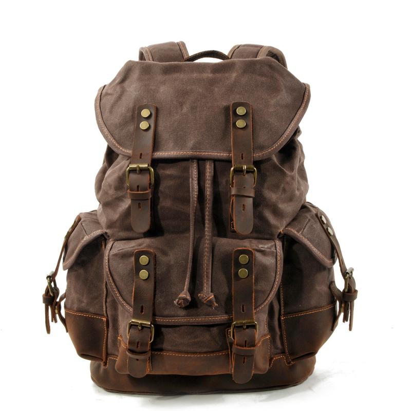 Men's Vintage Outdoor Canvas Stitching Leather Multi-Pocket Backpack 
