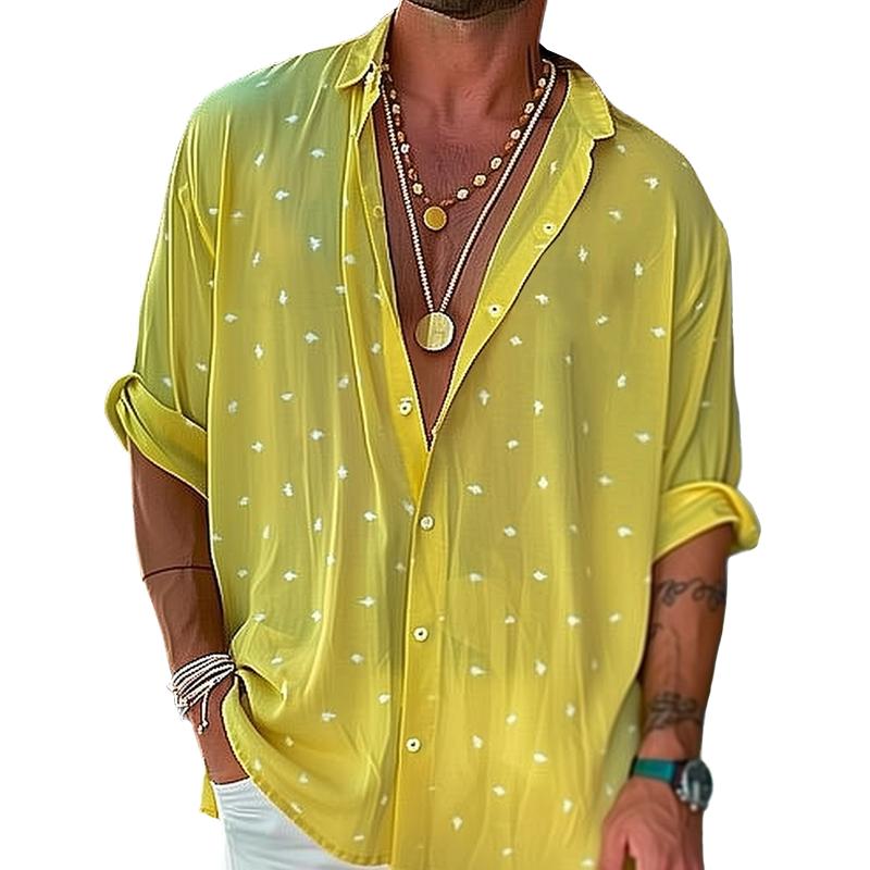 Men's Dot Print Chiffon Lapel Long Sleeve Casual Shirt 