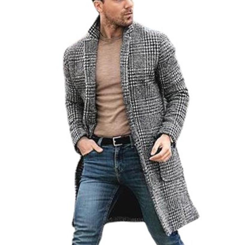 Men's Mid-length Plaid Woolen Coat　