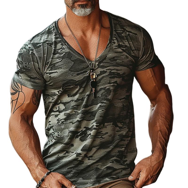 Men's Camouflage Print V-Neck Short Sleeve T-Shirt 