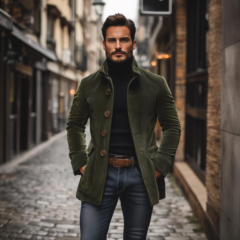 Men's Vintage Corduroy Stand Collar Single Breasted Slim Short Coat 