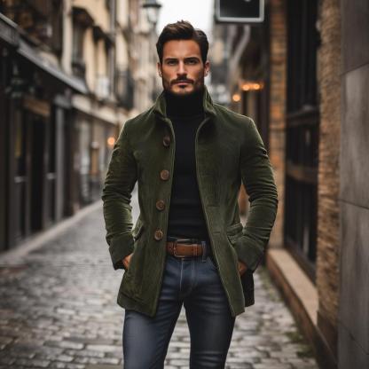 Men's Vintage Corduroy Stand Collar Single Breasted Slim Short Coat 