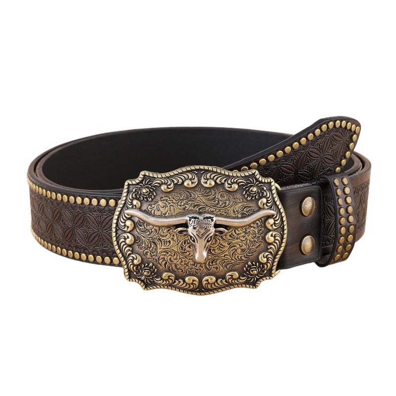 Men's Vintage Western Cowboy Carved Punk Leather Belt 