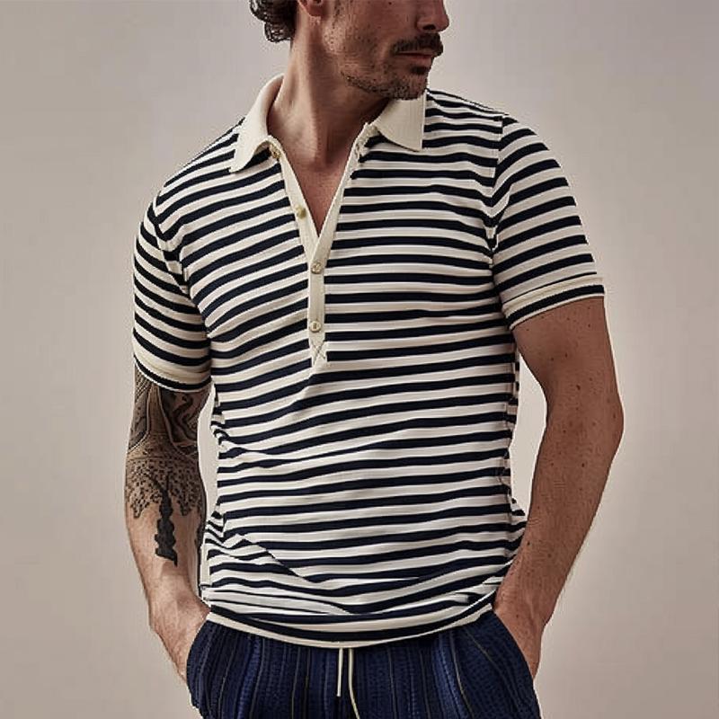 Men's Striped Lapel Short Sleeve Polo Shirt 