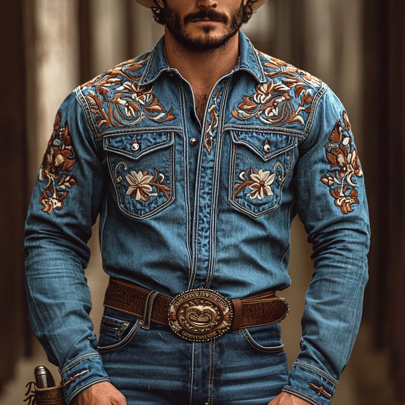 Men's Western Cowboy Style Embroidered Lapel Chest Pocket Long Sleeve Denim Shirt