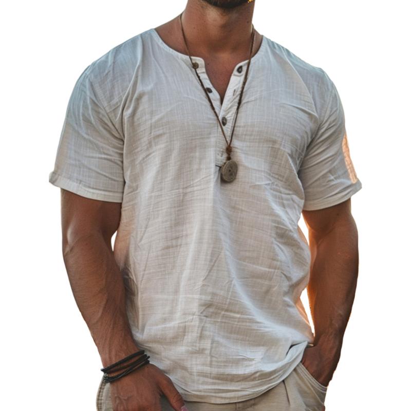 Men's Solid Henley Short Sleeve T-Shirt 