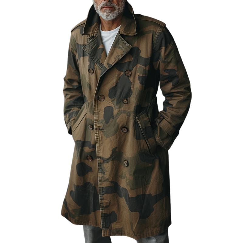Men's Camouflage Lapel Double Breasted Mid-length Cargo Trench Coat 