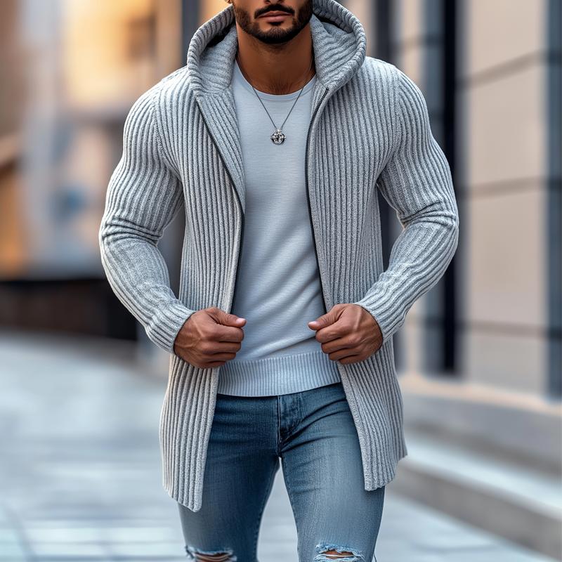 Men's Fashion Hooded Solid Striped Long Sleeve Mid-length Knit Cardigan 
