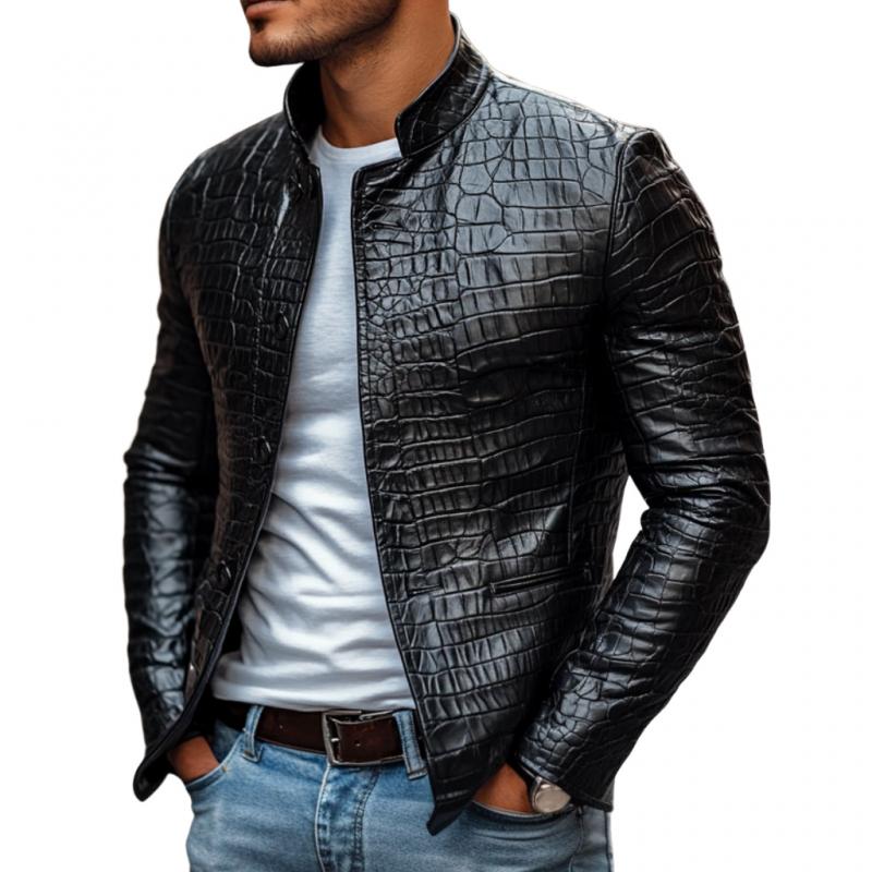 Men's Fashion Crocodile Leather Stand Collar Single Breasted Slim Fit Jacket 