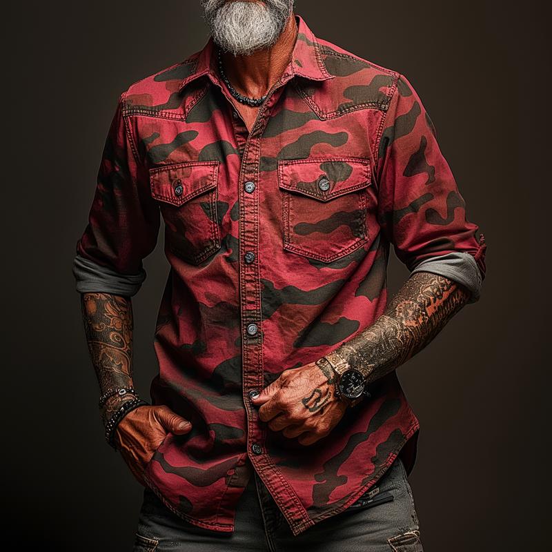 Men's Camouflage Lapel Chest Pocket Cargo Shirt 