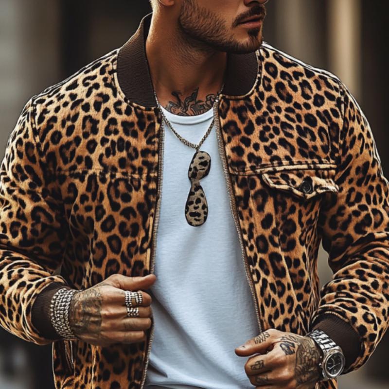 Men's Vintage Leopard Print Chest Pocket Bomber Jacket 