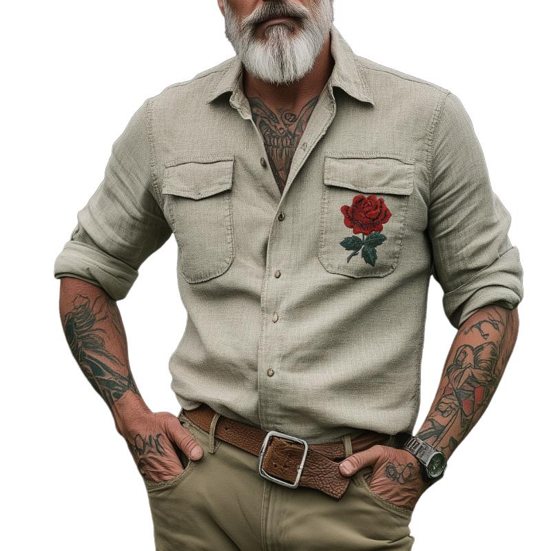 Men's Retro Casual Western Cowboy Embroidered Long Sleeve Shirt