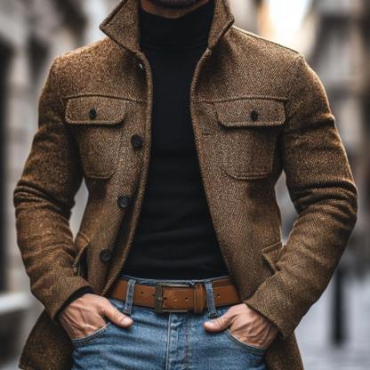 Men's Vintage Herringbone Lapel Multi-Pocket Mid-Length Coat 