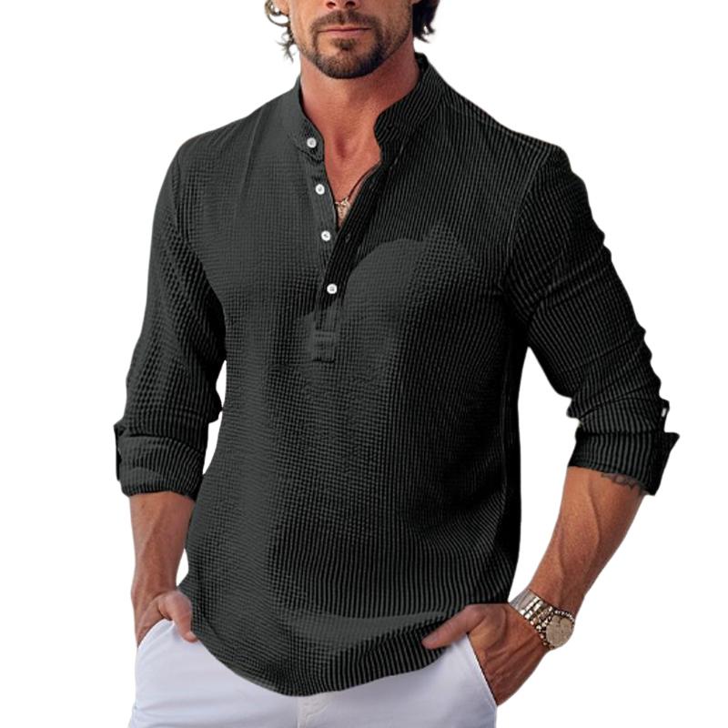 Men's Waffle Stand Collar Rolled Sleeve Long Sleeve Shirt 