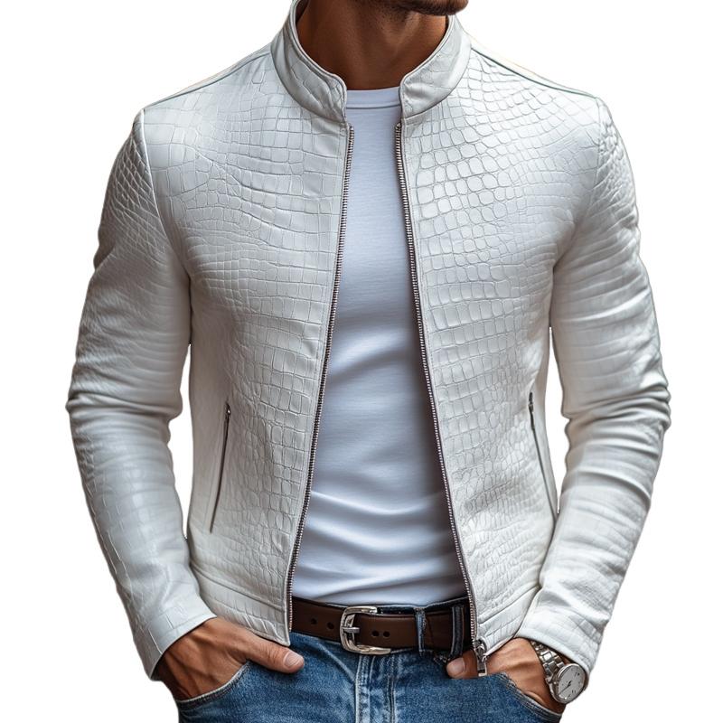 Men's Fashion Stone Pattern Stand Collar Zipper Slim Fit Leather Jacket 