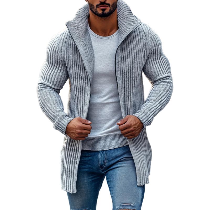 Men's Fashion Stand Collar Solid Striped Long Sleeve Mid-length Knit Cardigan 