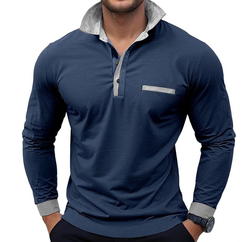Men's Colorblock Long Sleeve Lapel Polo Shirt