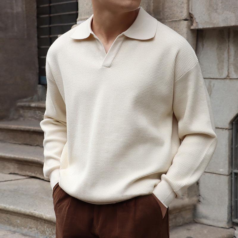Men's Solid Color Lapel Long Sleeve Knit Polo Shirt 