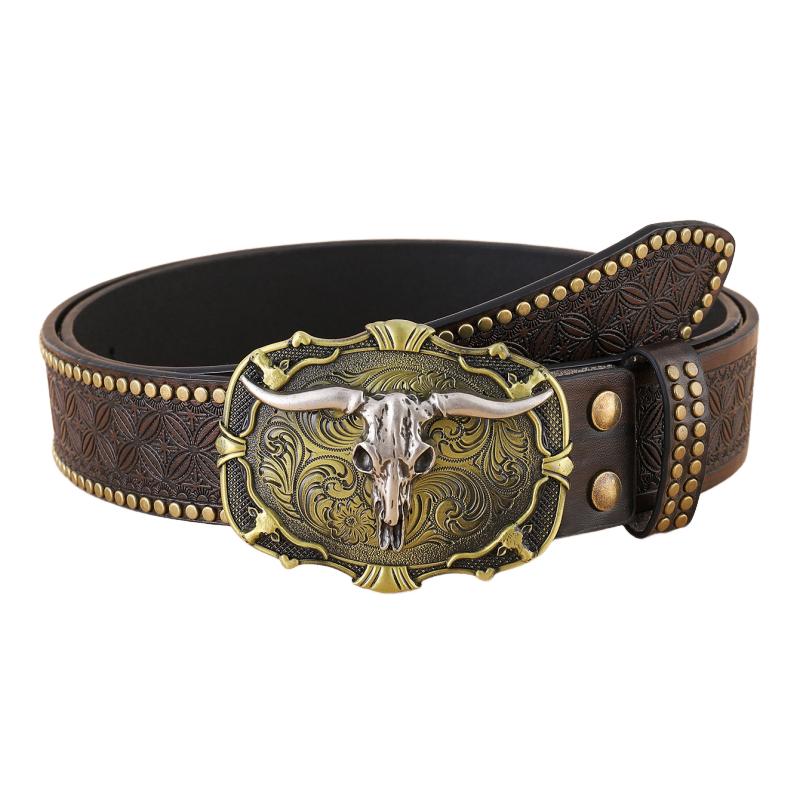 Men's Vintage Western Cowboy Carved Punk Leather Belt 