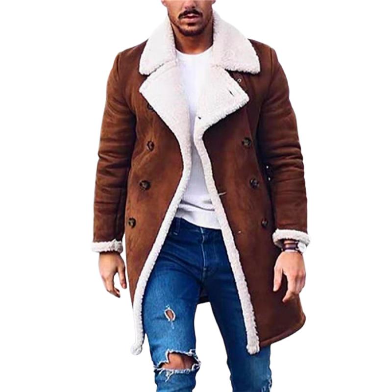 Men's Vintage Suede Polar Fleece Warm Notch Lapel Double Breasted Coat 