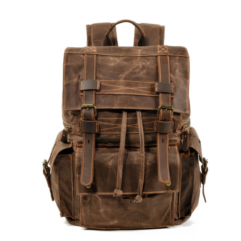 Men's Vintage Beeswax Canvas Outdoor Leather Multi-Pocket Backpack 
