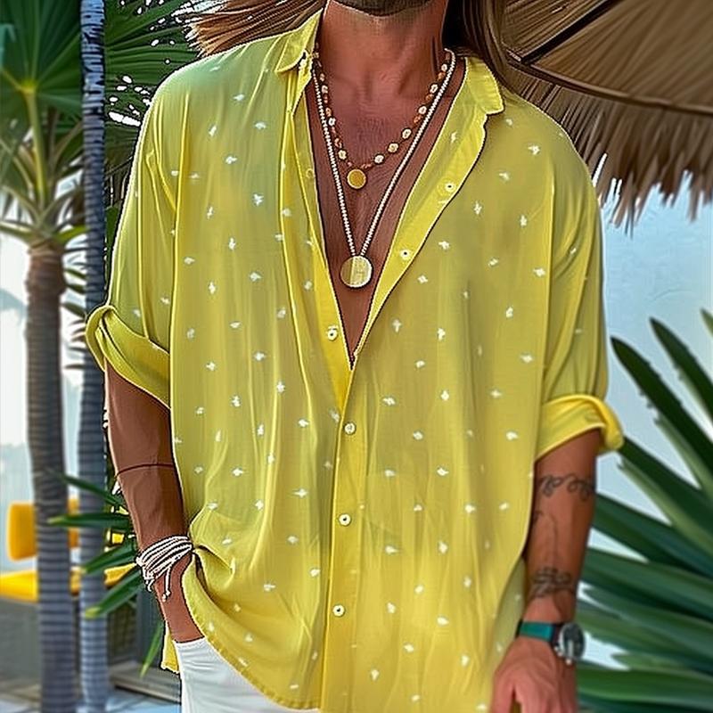 Men's Dot Print Chiffon Lapel Long Sleeve Casual Shirt 