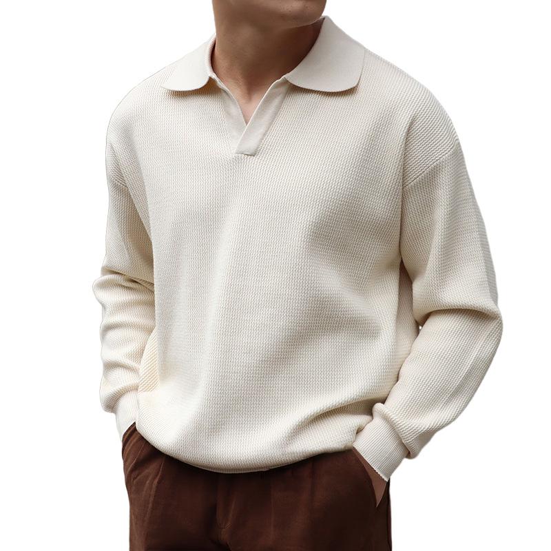 Men's Solid Color Lapel Long Sleeve Knit Polo Shirt 
