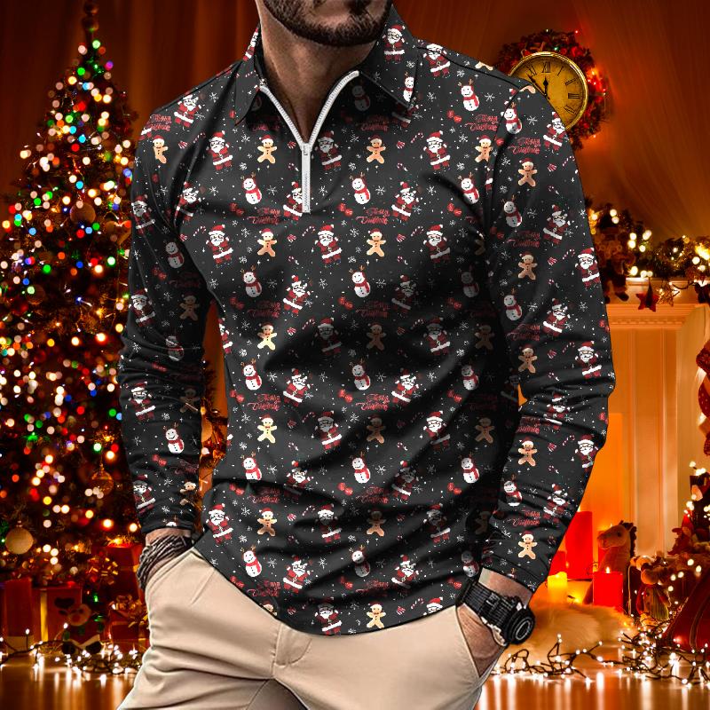 Men's Retro Casual Christmas Floral Print Long Sleeve Polo Shirt