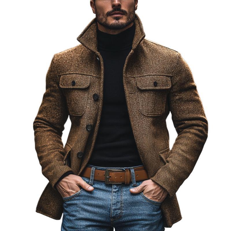 Men's Vintage Herringbone Lapel Multi-Pocket Mid-Length Coat