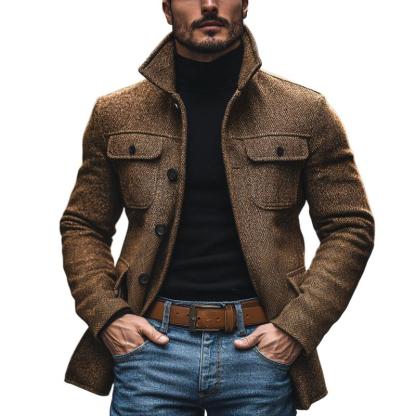 Men's Vintage Herringbone Lapel Multi-Pocket Mid-Length Coat 