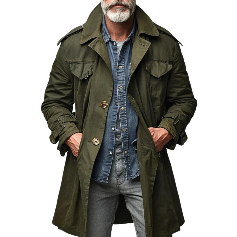 Men's Vintage Lapel Single Breasted Cargo Trench Coat 
