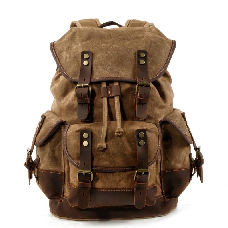 Men's Vintage Outdoor Canvas Stitching Leather Multi-Pocket Backpack 