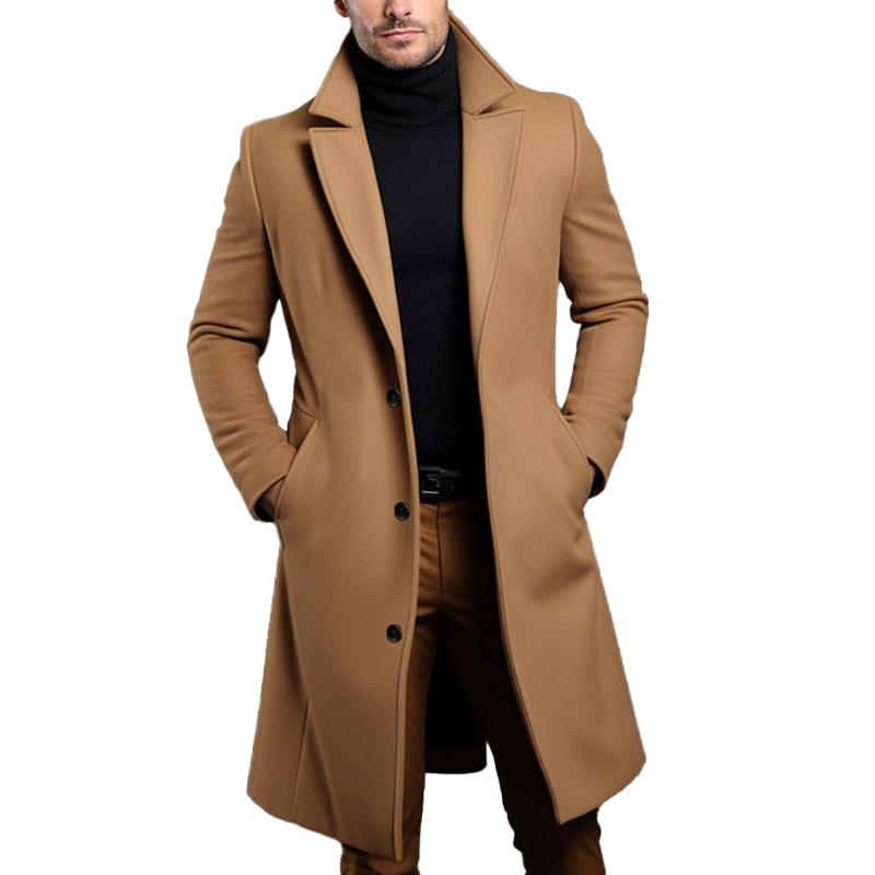 Men's Solid Notch Lapel Single-breasted Mid-length Coat 