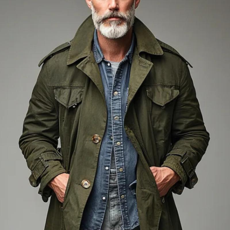 Men's Vintage Lapel Single Breasted Cargo Trench Coat 