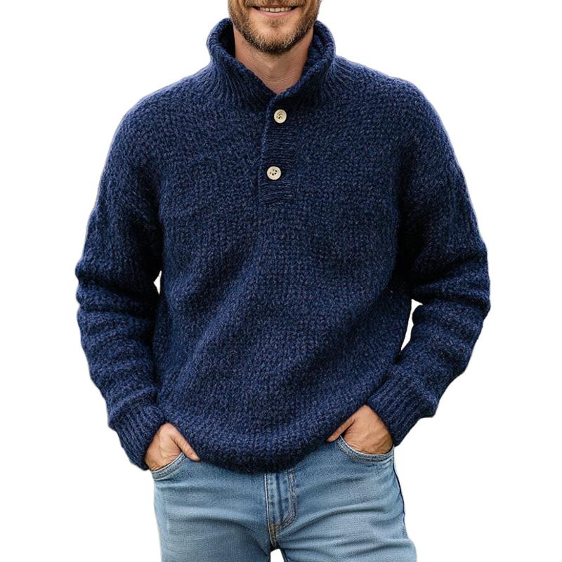 Men's Vintage Dark Blue Two-Button Stand Collar Knit Sweater