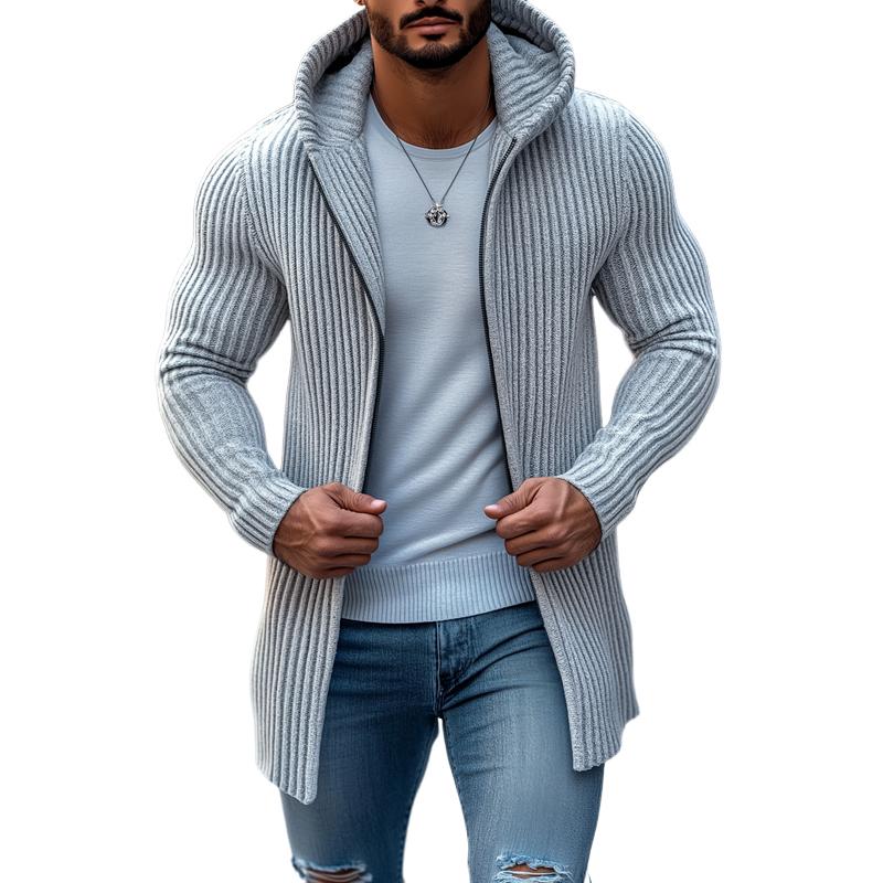 Men's Fashion Hooded Solid Striped Long Sleeve Mid-length Knit Cardigan 