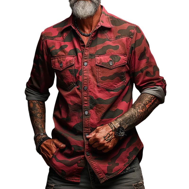 Men's Camouflage Lapel Chest Pocket Cargo Shirt 