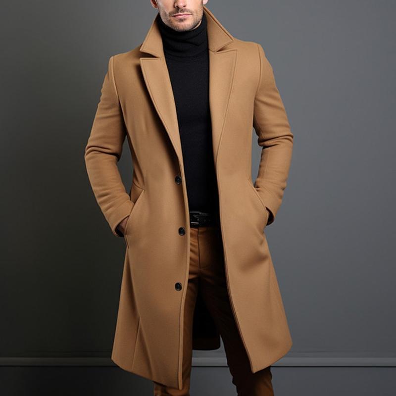 Men's Solid Notch Lapel Single-breasted Mid-length Coat 