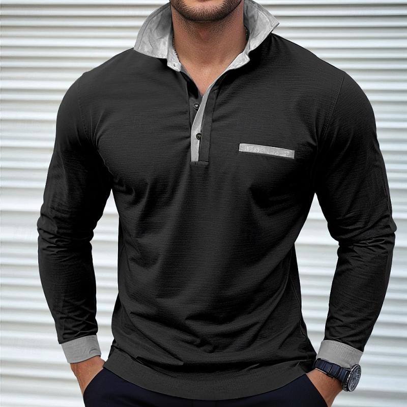 Men's Colorblock Long Sleeve Lapel Polo Shirt